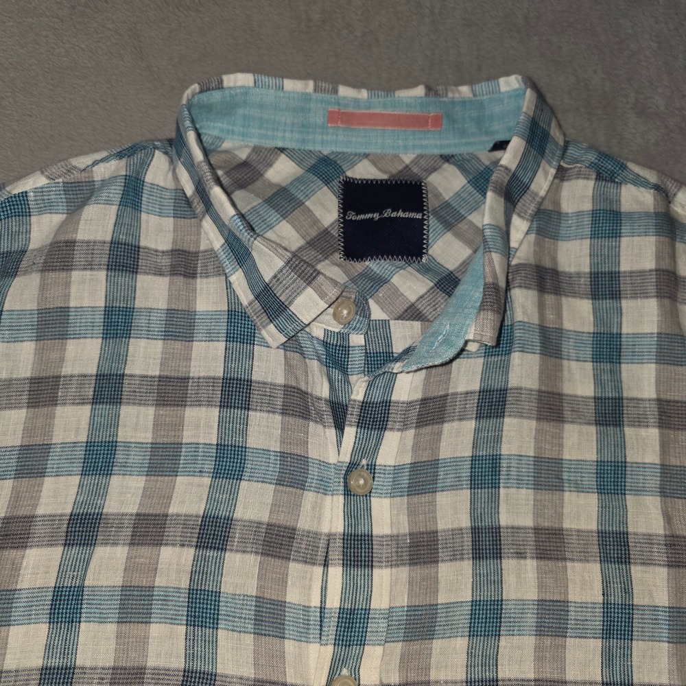 Tommy Bahama Mens 3XL 100% Linen Plaid Button Down Shirt Blue Grey Long Sleeve